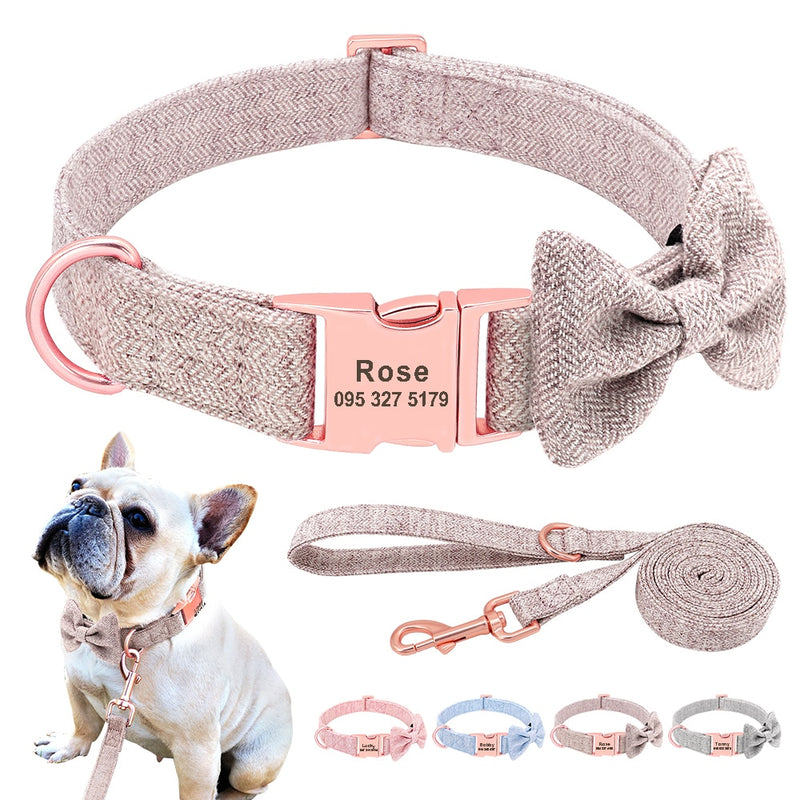 Customized Dog Collar Leash Set High Quality Personalized Pet Collars With Bowtie Adjustable Dogs Collars Leash Free Engraving - BougiePets